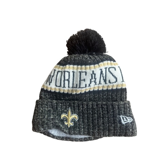 New Era NFL New Orleans Saints Pom Beanie Hat Black Gold White One Size - Picture 2 of 3